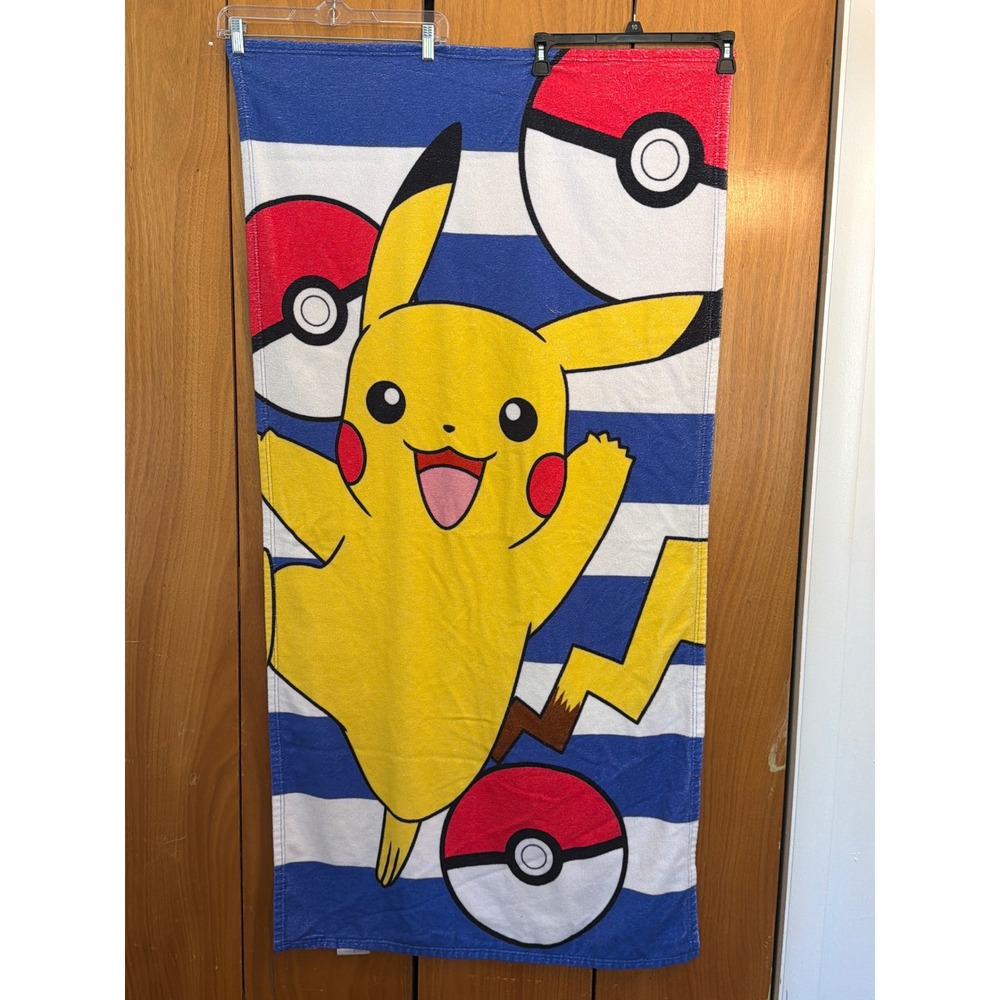 Pokemon Pikachu Beach Towel Blue White Stripe Poke Ball Northwest 30x59